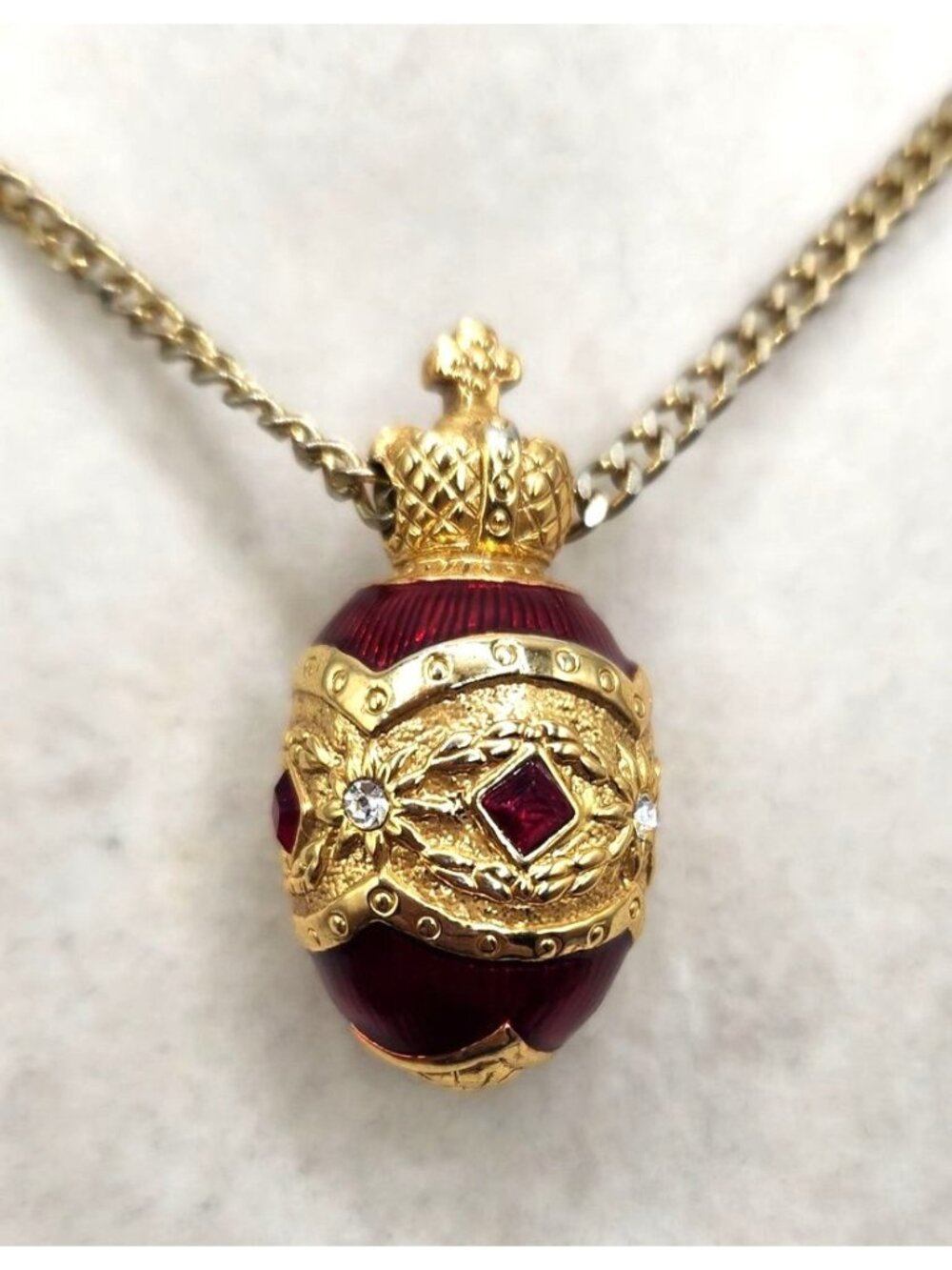 Gold-Plated Fabergé-Style Egg Pendant Necklace With Red Enamel & Rhinestones